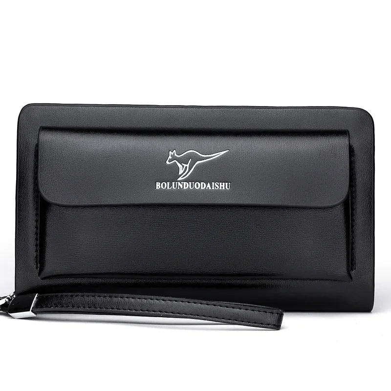 Kangaroo marca masculina bolsa de embreagem moda couro longo bolsa duplo zíper carteira negócios preto marrom masculino casual acessível saco