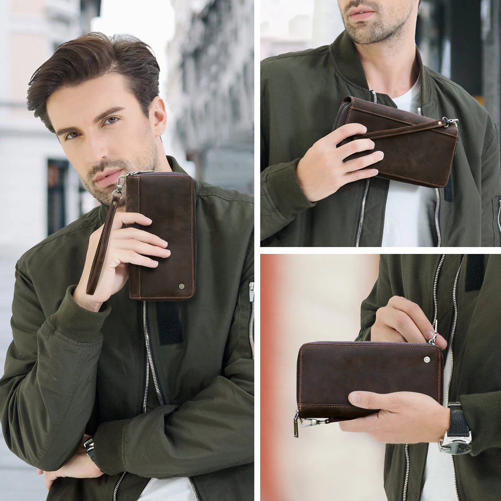 Carteira masculina de couro genuíno de contato, bolsa de mão, porta cartão, carteiras longas, zíper duplo, grande capacidade, vintage, bolsas masculinas