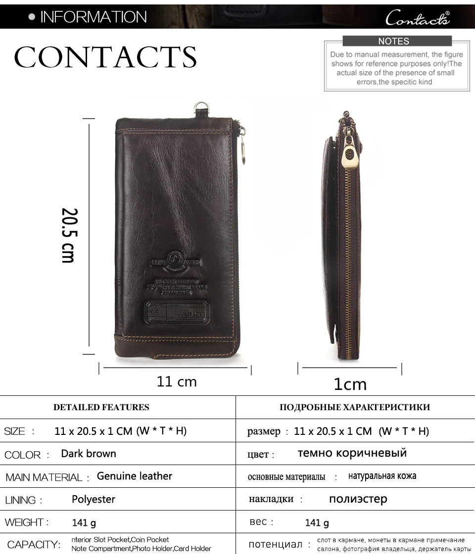 Carteira longa de couro genuíno da CONTACT'S para homens com zíper duplo carteira titular do cartão bolsa de moedas clipe de dinheiro bolsa feminina
