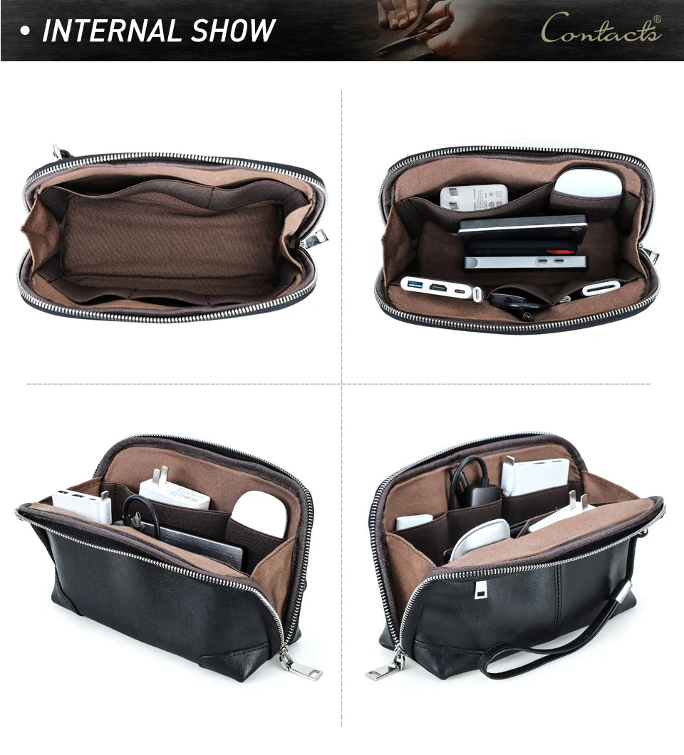 Contact's bolsa de mão de viagem masculina, carteira de couro genuíno, bolsa casual, organizador de cabo de carga, bolsa de armazenamento