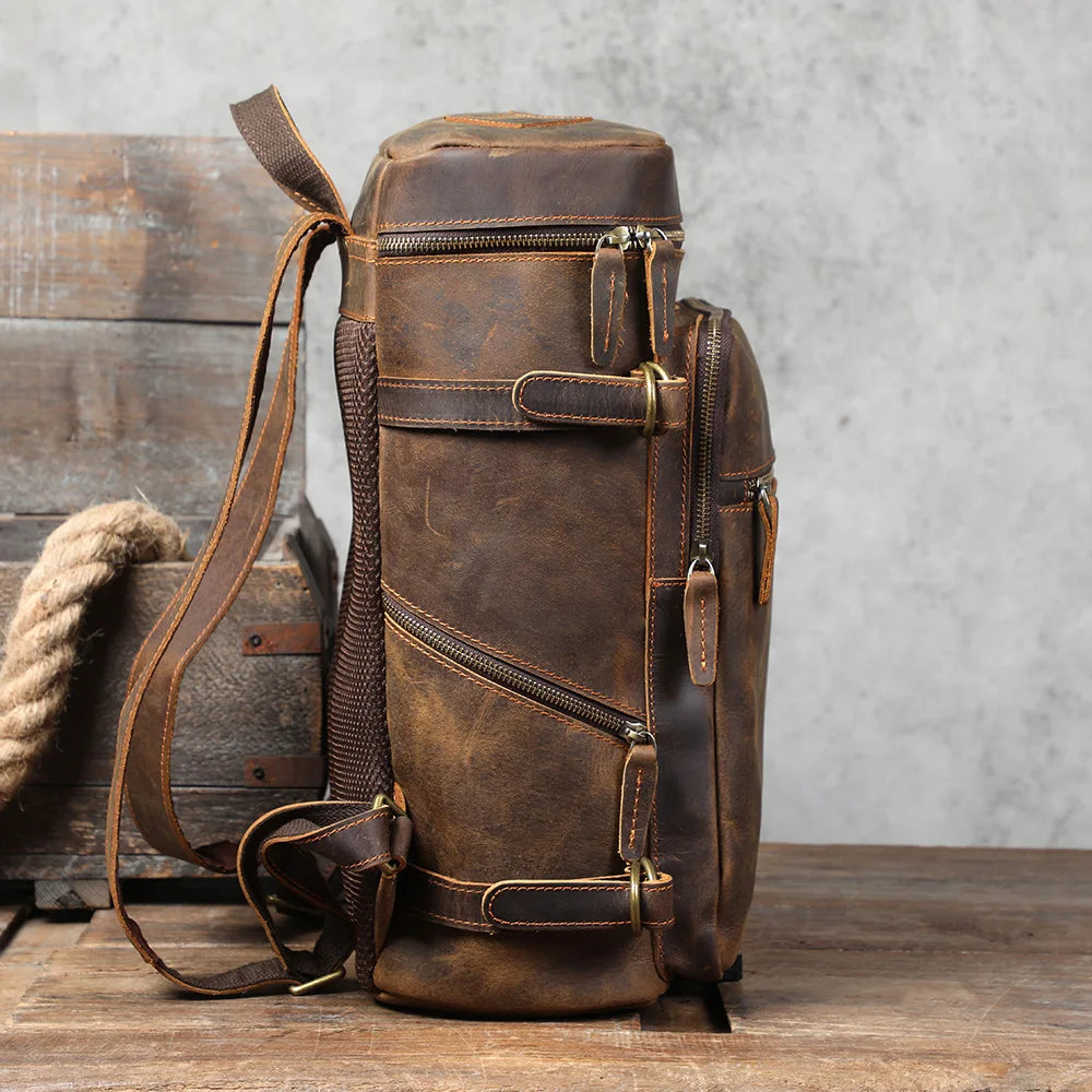 Mochila de couro genuíno vintage, Laptop Bag, Crazy Horse School Bag, Bolsa de ombro Weekender viagem ao ar livre