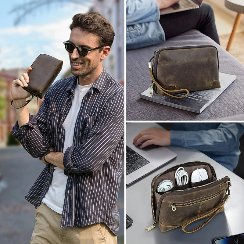 Contact's bolsa de mão de viagem masculina, carteira de couro genuíno, bolsa casual, organizador de cabo de carga, bolsa de armazenamento