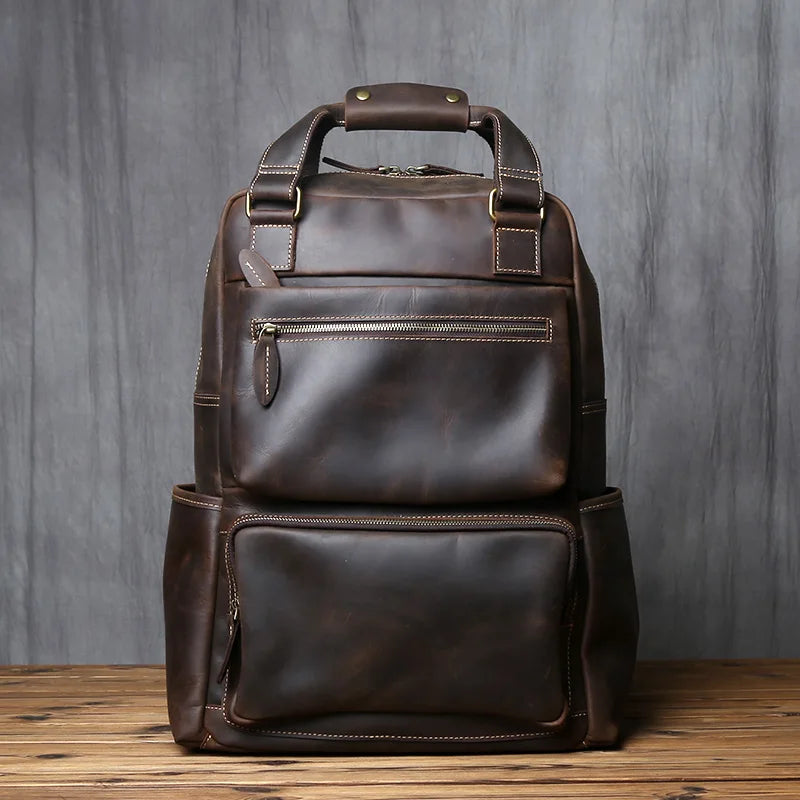NZPJ-Mochila masculina retrô de couro de camada superior, grande capacidade, bolsa para computador, Crazy Horse, lazer e viagem