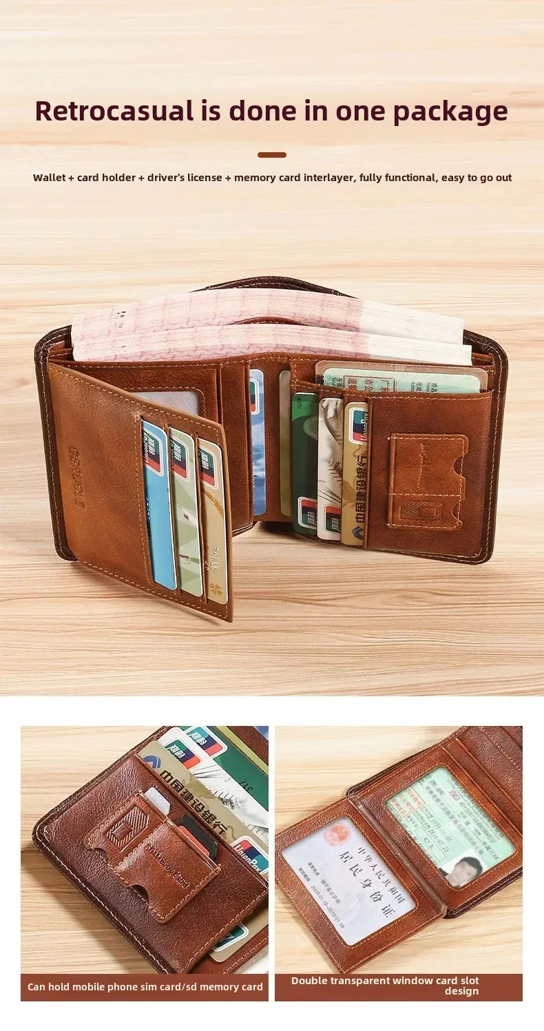 Carteira masculina de couro genuíno com bloqueio rfid, carteira com três dobras, vintage, fina, curta, multifuncional, id, cartão de crédito, bolsa masculina, dinheiro