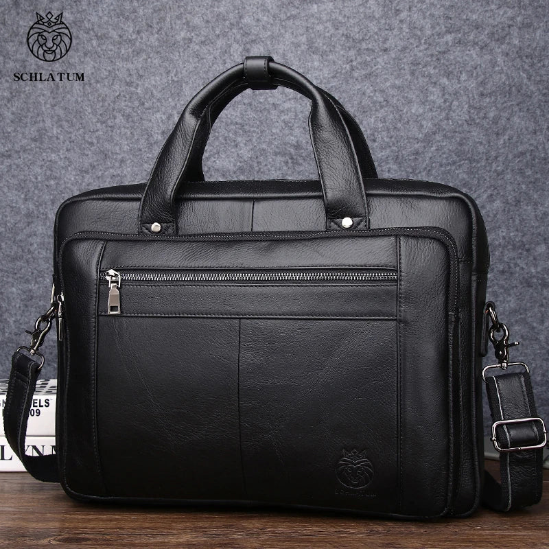 Schlatum pastas de negócios de couro genuíno preto para homens bolsas de luxo portátil maleta sacos 16 polegada saco do computador escritório