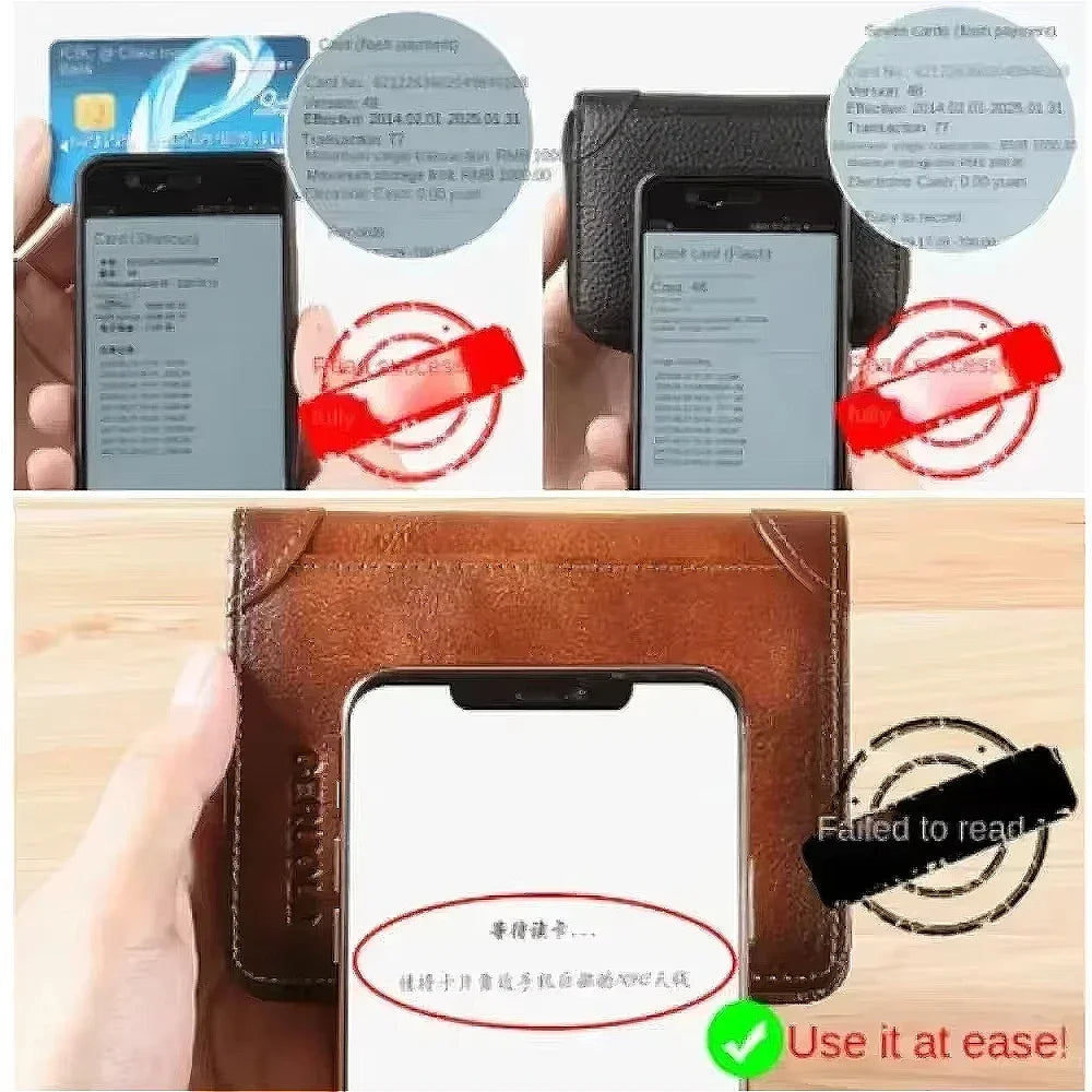 Carteira masculina de couro genuíno com bloqueio rfid, carteira com três dobras, vintage, fina, curta, multifuncional, id, cartão de crédito, bolsa masculina, dinheiro
