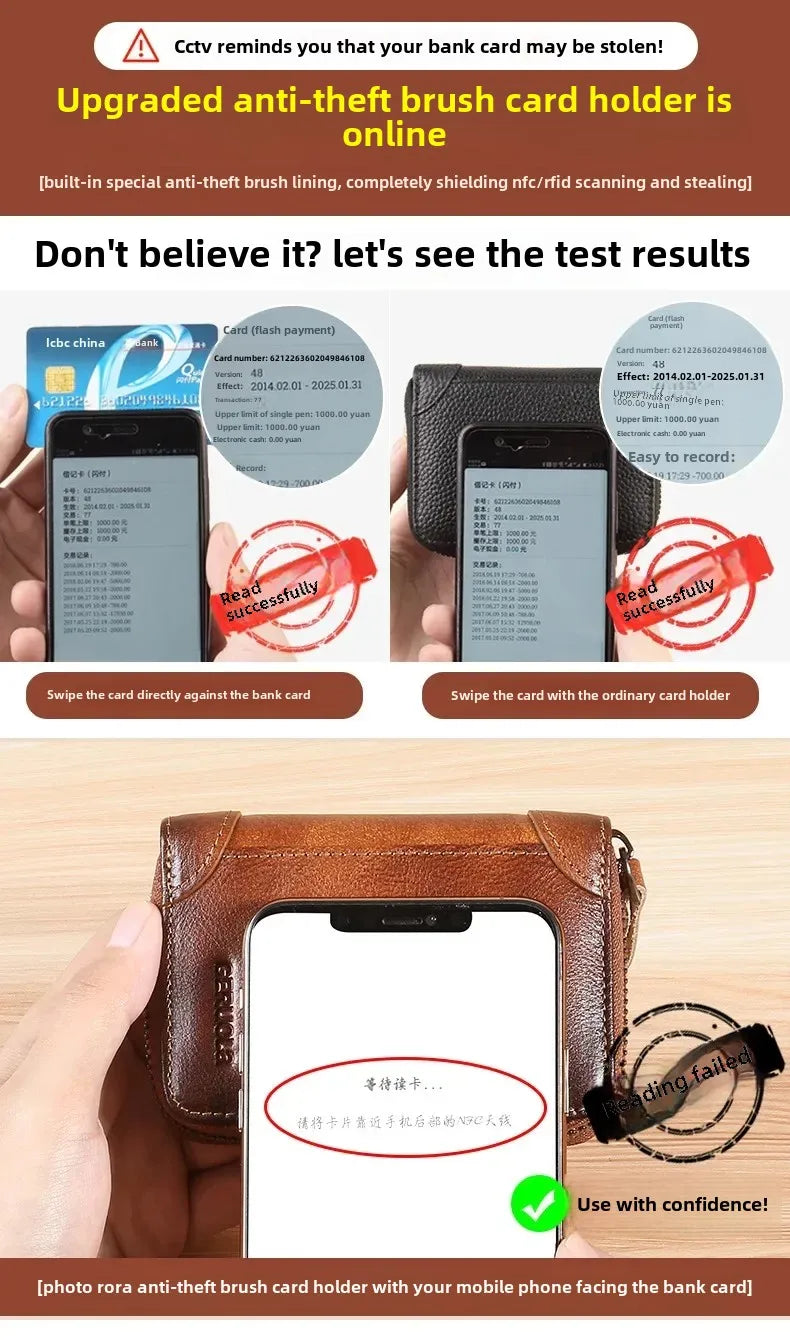 Carteira masculina de couro genuíno com bloqueio rfid, carteira com três dobras, vintage, fina, curta, multifuncional, id, cartão de crédito, bolsa masculina, dinheiro