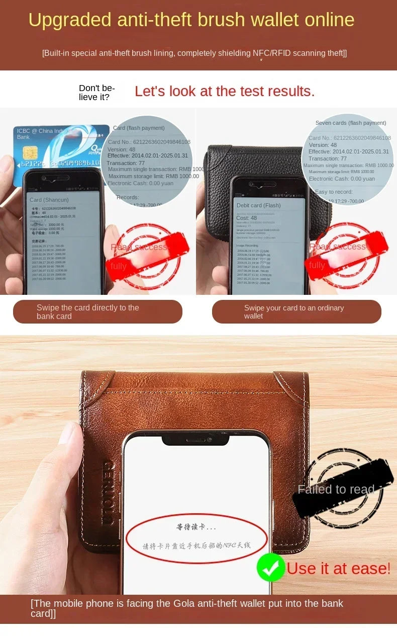 Carteira masculina de couro genuíno com bloqueio rfid, carteira com três dobras, vintage, fina, curta, multifuncional, id, cartão de crédito, bolsa masculina, dinheiro