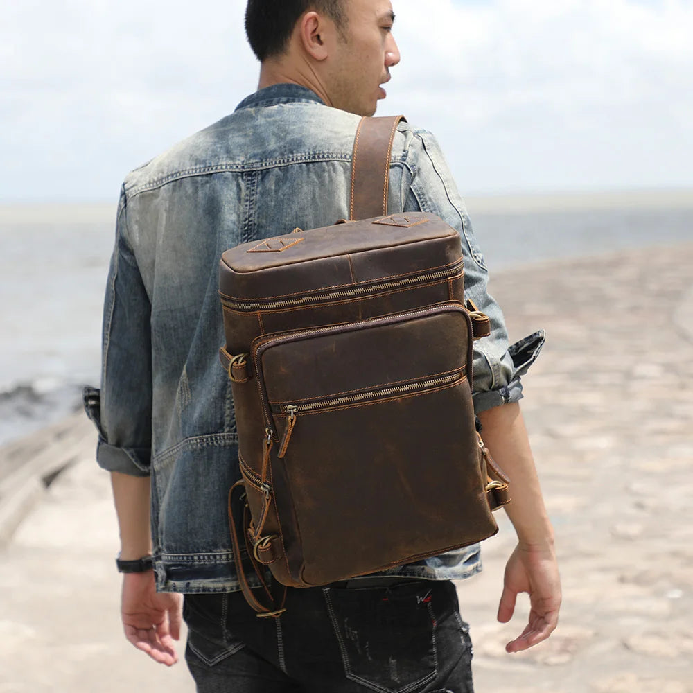 Mochila de couro genuíno vintage, Laptop Bag, Crazy Horse School Bag, Bolsa de ombro Weekender viagem ao ar livre