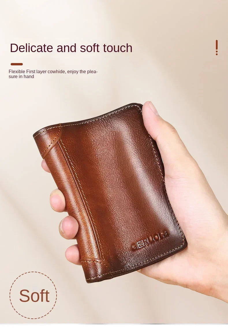 Carteira masculina de couro genuíno com bloqueio rfid, carteira com três dobras, vintage, fina, curta, multifuncional, id, cartão de crédito, bolsa masculina, dinheiro