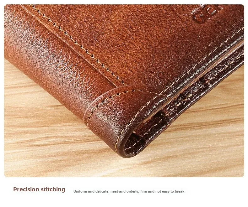 Carteira masculina de couro genuíno com bloqueio rfid, carteira com três dobras, vintage, fina, curta, multifuncional, id, cartão de crédito, bolsa masculina, dinheiro