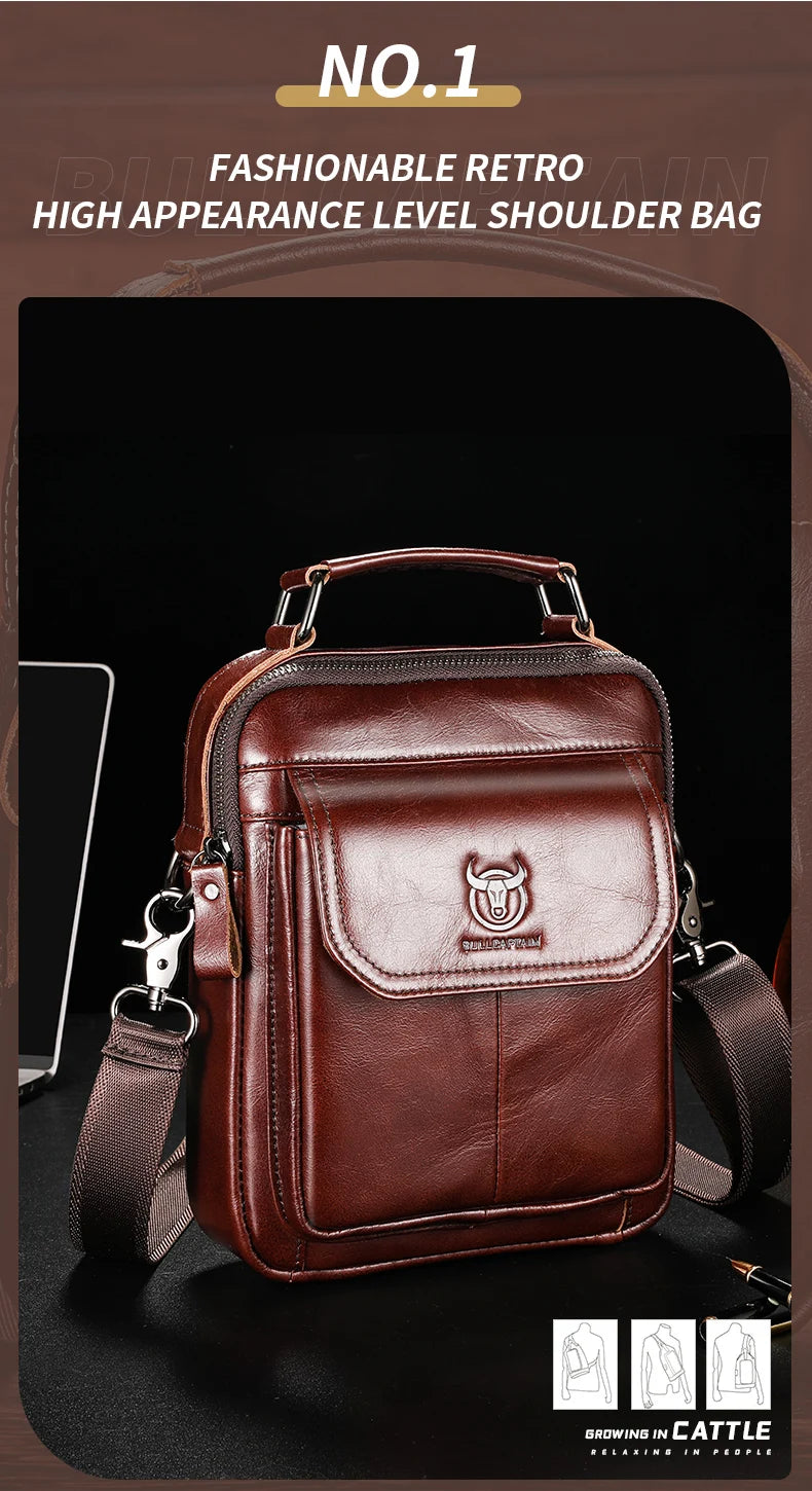 BULLCAPTAIN-Bolsa De Ombro De Couro Genuíno Para Homens, Bolsa Multifuncional Tablet, Bolsa Crossbody Casual, Couro De Vaca Retro, 7.9"