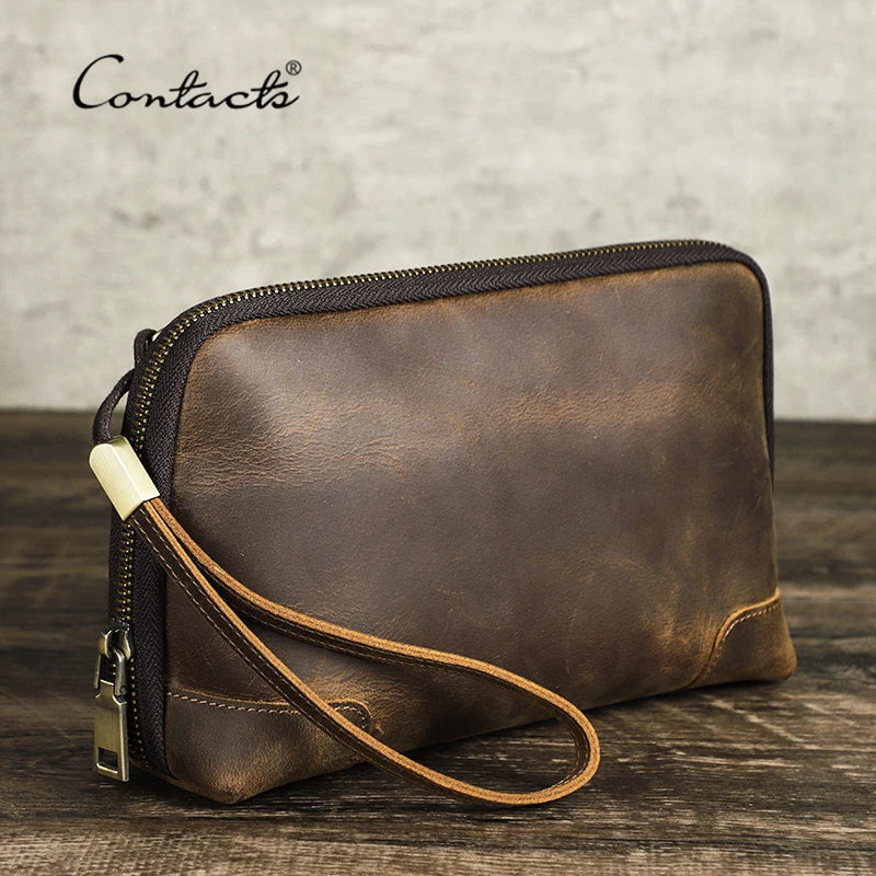 Contact's bolsa de mão de viagem masculina, carteira de couro genuíno, bolsa casual, organizador de cabo de carga, bolsa de armazenamento