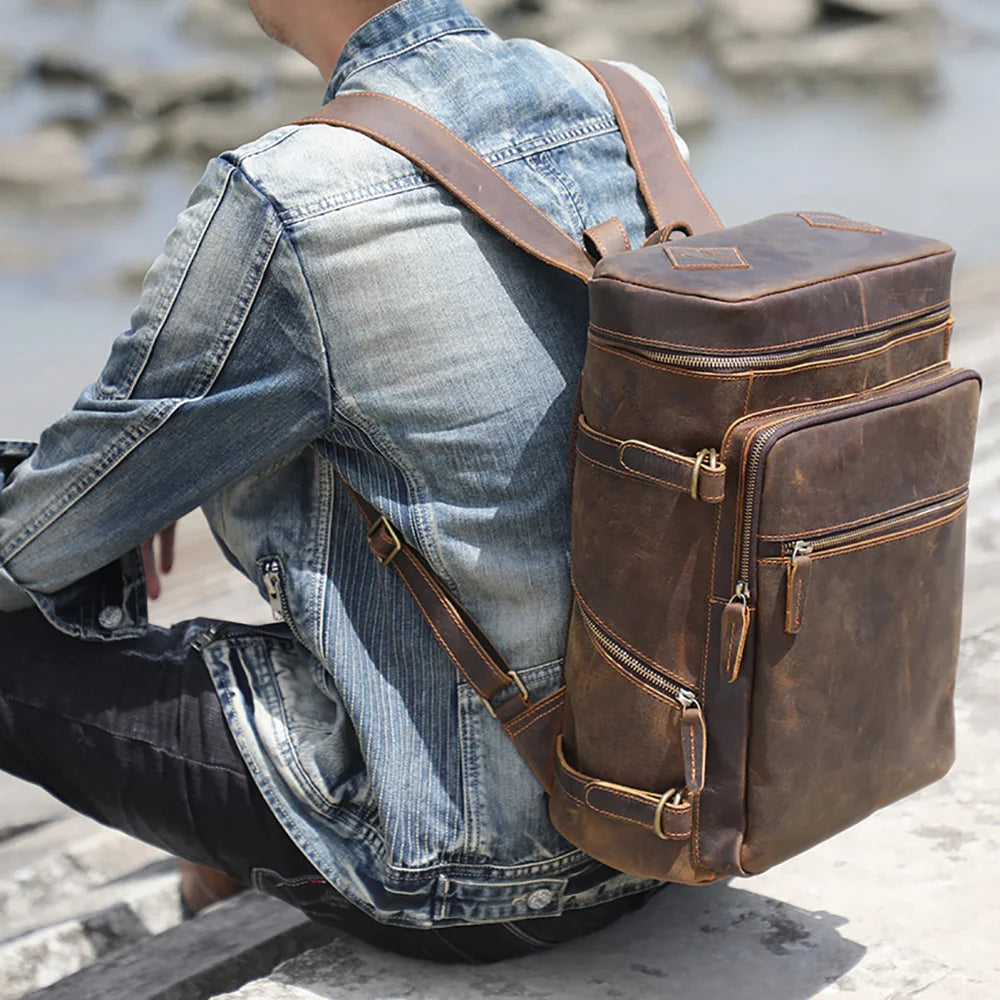 Mochila de couro genuíno vintage, Laptop Bag, Crazy Horse School Bag, Bolsa de ombro Weekender viagem ao ar livre