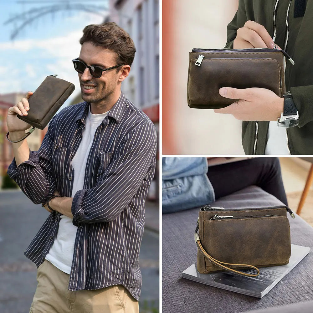 Bolsa de mão masculina de couro genuíno, bolsa de mão para viagem de negócios, grande capacidade, organizador de cabo, bolsa de mão estilo vintage