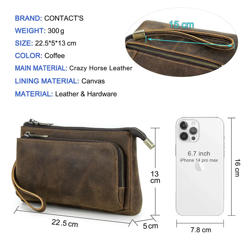 Bolsa de mão masculina de couro genuíno, bolsa de mão para viagem de negócios, grande capacidade, organizador de cabo, bolsa de mão estilo vintage