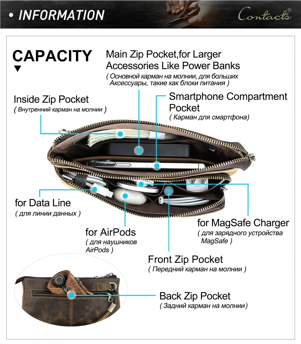 Bolsa de mão masculina de couro genuíno, bolsa de mão para viagem de negócios, grande capacidade, organizador de cabo, bolsa de mão estilo vintage