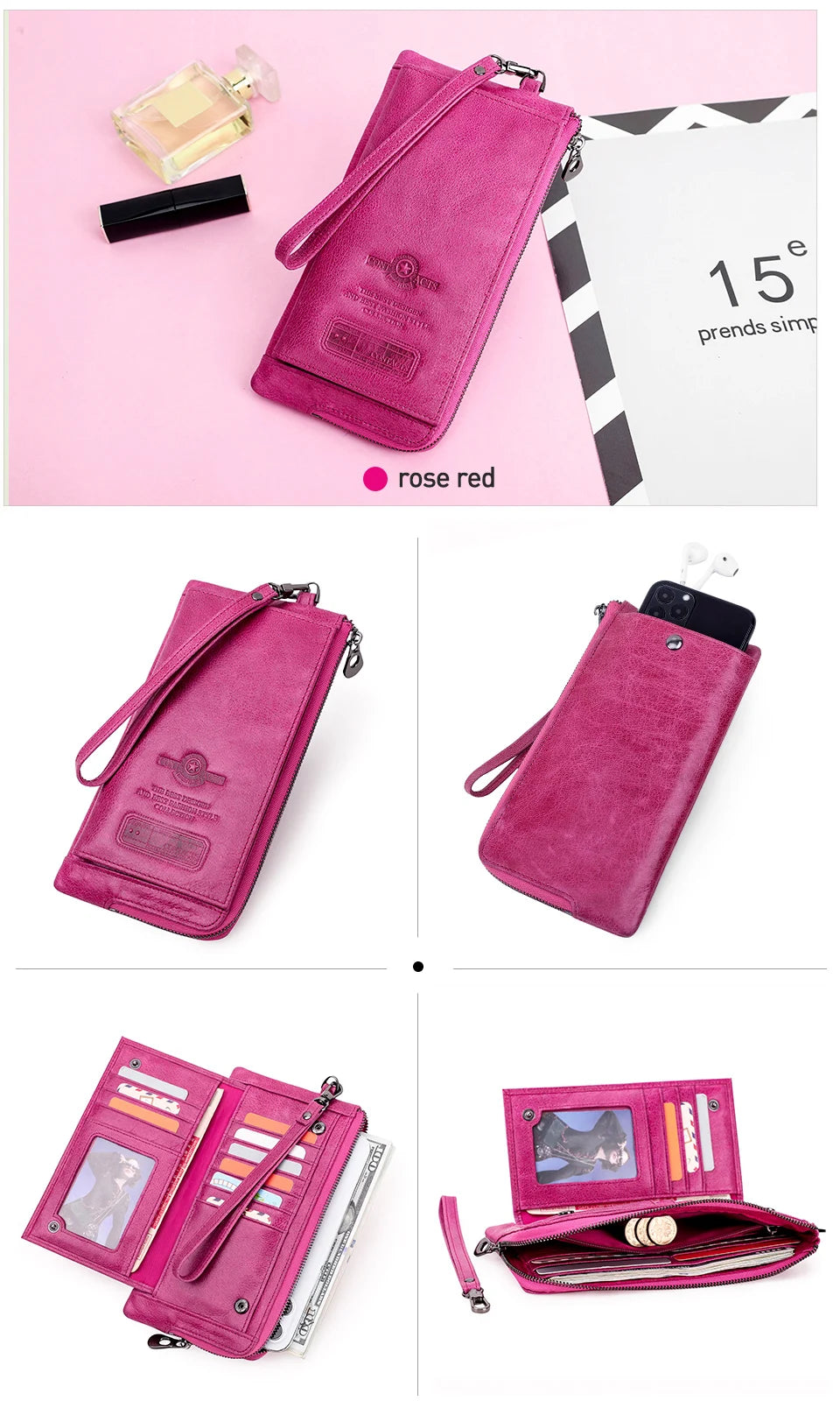 Carteira longa de couro genuíno da CONTACT'S para homens com zíper duplo carteira titular do cartão bolsa de moedas clipe de dinheiro bolsa feminina