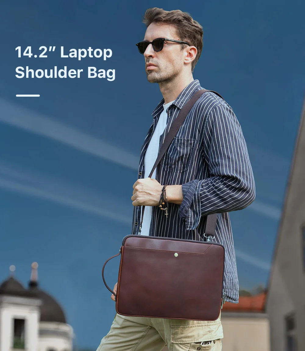 Bolsa de couro genuíno para laptop, bolsa para macbook pro air 14 13, bolsa crossbody, bolsa de negócios com alça de ombro