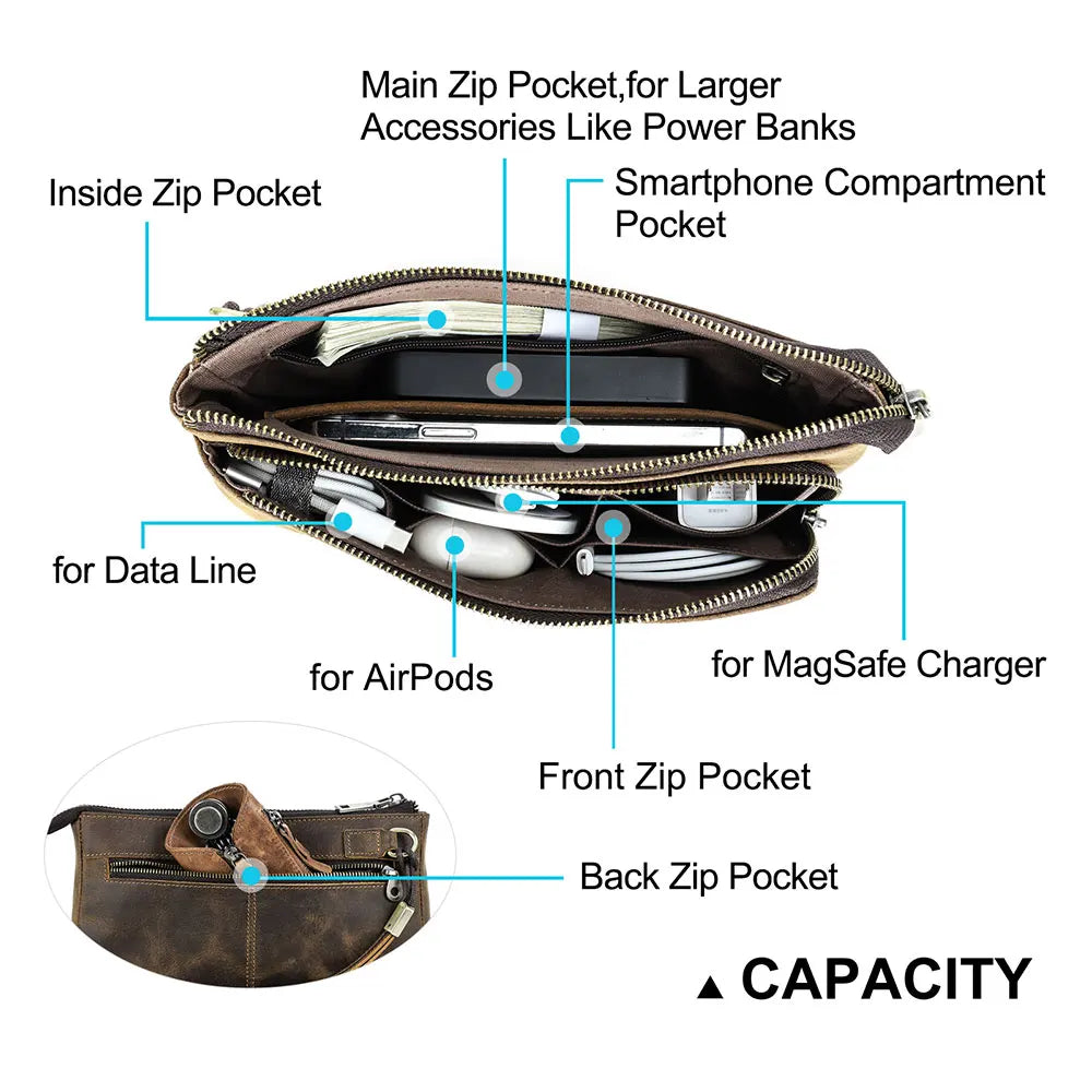 Bolsa de mão masculina de couro genuíno, bolsa de mão para viagem de negócios, grande capacidade, organizador de cabo, bolsa de mão estilo vintage