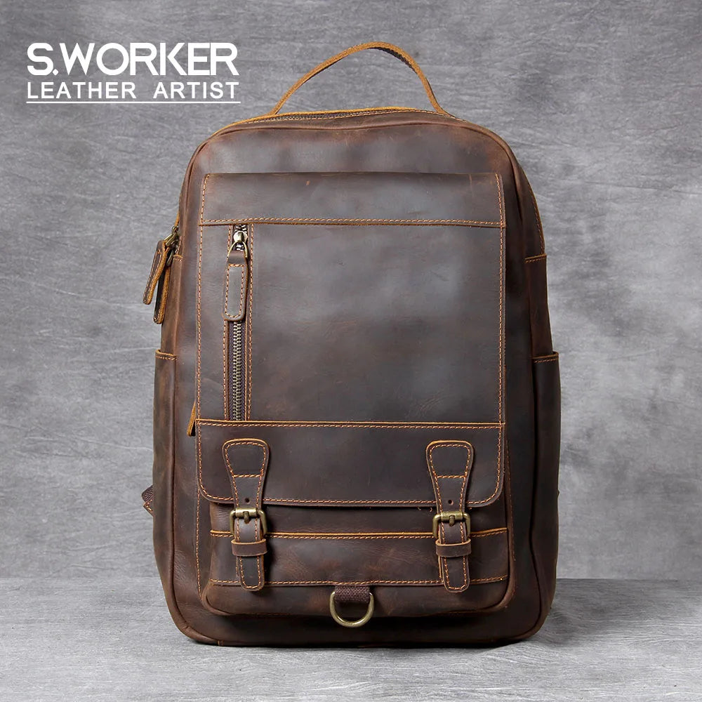 Mochila Vintage de Couro Genuíno S.WORKER, Bolsa para Laptop, Couro Crazy-horse, Mochila Escolar, Bolsa de Viagem para Fim de Semana