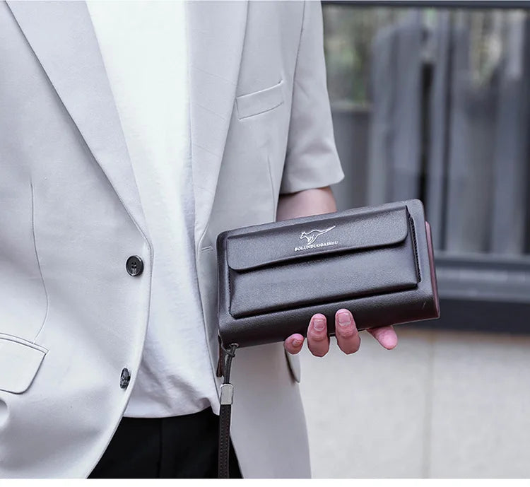 Kangaroo marca masculina bolsa de embreagem moda couro longo bolsa duplo zíper carteira negócios preto marrom masculino casual acessível saco