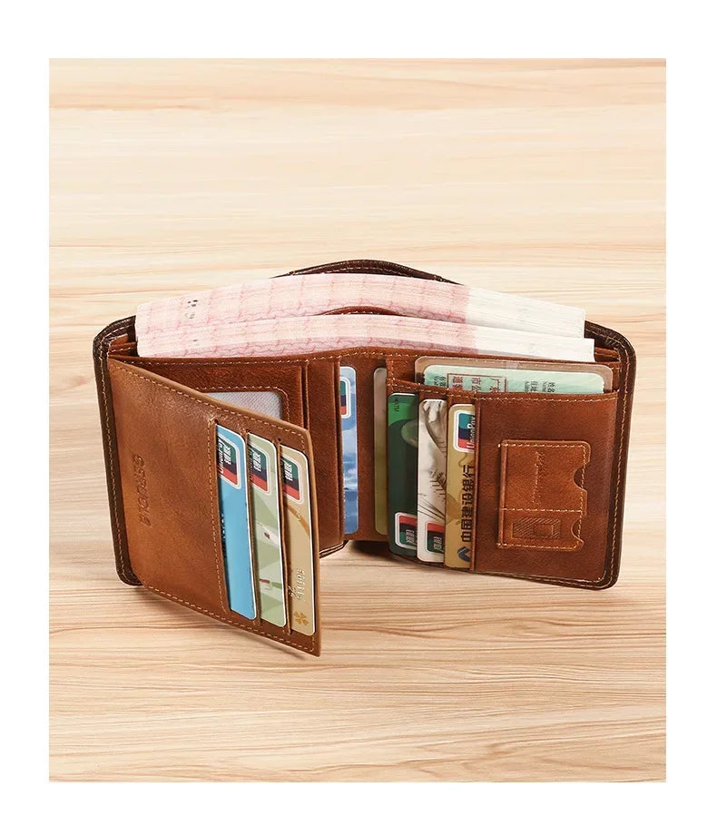 Carteira masculina de couro genuíno com bloqueio rfid, carteira com três dobras, vintage, fina, curta, multifuncional, id, cartão de crédito, bolsa masculina, dinheiro