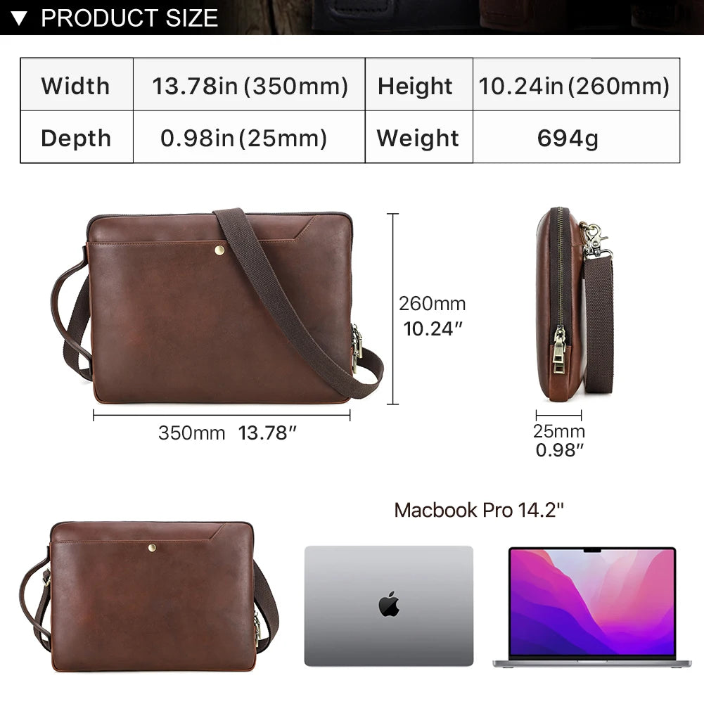 Bolsa de couro genuíno para laptop, bolsa para macbook pro air 14 13, bolsa crossbody, bolsa de negócios com alça de ombro