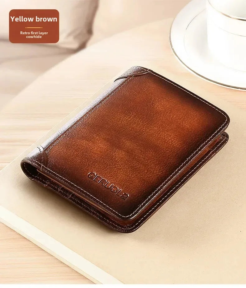 Carteira masculina de couro genuíno com bloqueio rfid, carteira com três dobras, vintage, fina, curta, multifuncional, id, cartão de crédito, bolsa masculina, dinheiro
