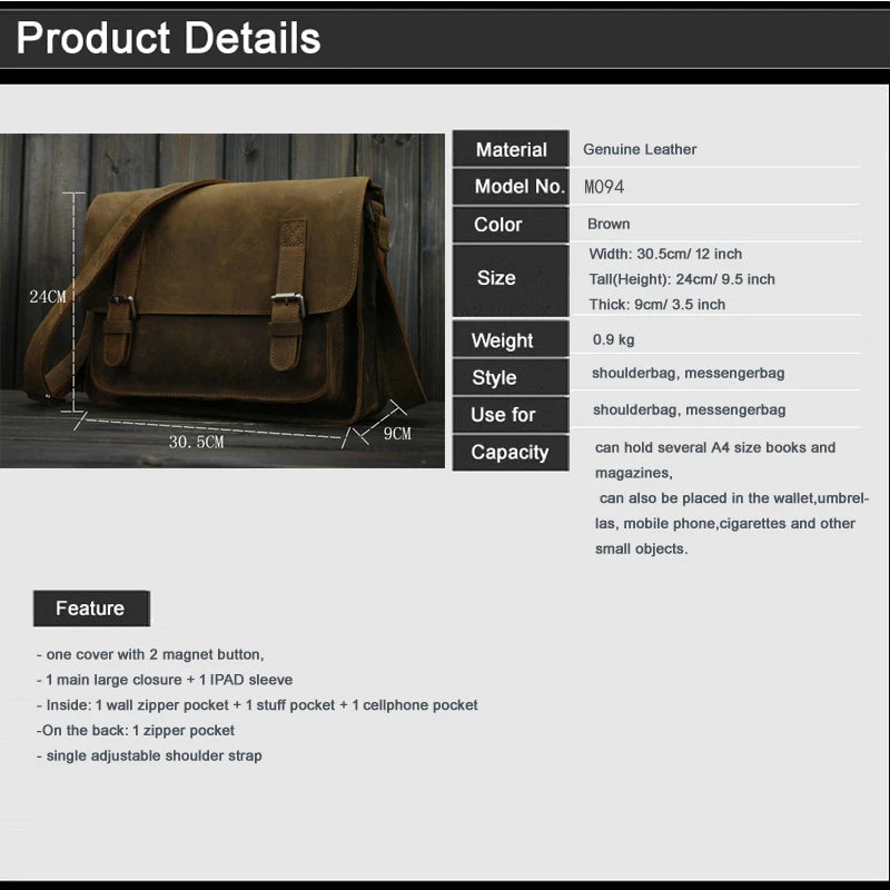 Bolsa de ombro vintage de couro louco cavalo, bolsa mensageiro cruzada masculina, bolsa de lazer genuína de couro, 2020