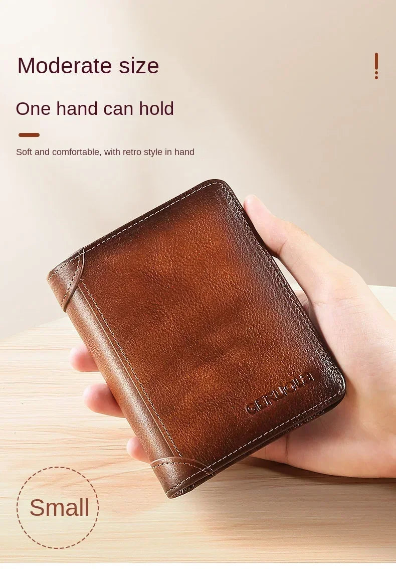 Carteira masculina de couro genuíno com bloqueio rfid, carteira com três dobras, vintage, fina, curta, multifuncional, id, cartão de crédito, bolsa masculina, dinheiro