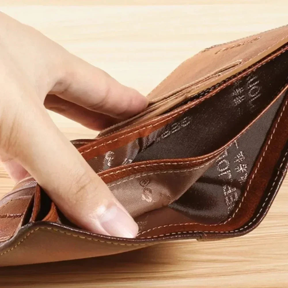 Carteira masculina de couro genuíno com bloqueio rfid, carteira com três dobras, vintage, fina, curta, multifuncional, id, cartão de crédito, bolsa masculina, dinheiro