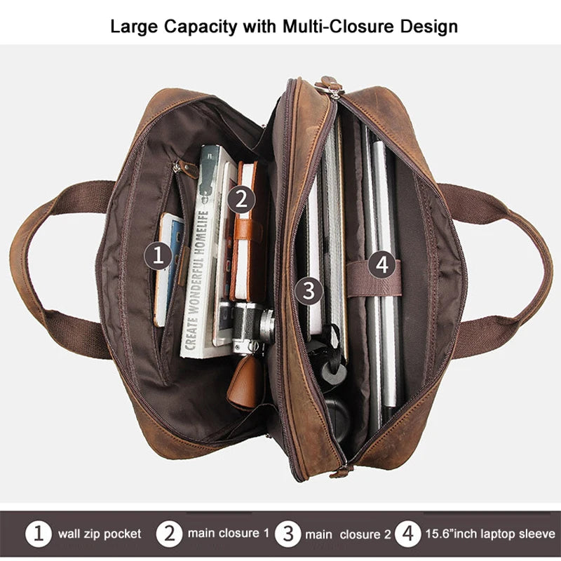 Pasta de couro genuíno de alta qualidade para homens, bolsa de negócios, couro crazy horse, grande, 17 polegadas, bolsa para laptop, porta-pasta masculina, estojo de escritório