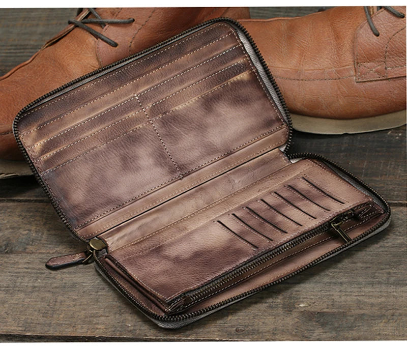 Carteira de couro genuíno do vintage dos homens carteira longa bolsa de embreagem masculino clipes de dinheiro zip em torno do saco de dinheiro titular do cartão