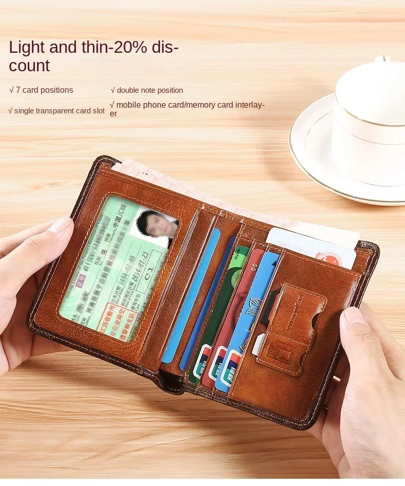 Carteira masculina de couro genuíno com bloqueio rfid, carteira com três dobras, vintage, fina, curta, multifuncional, id, cartão de crédito, bolsa masculina, dinheiro