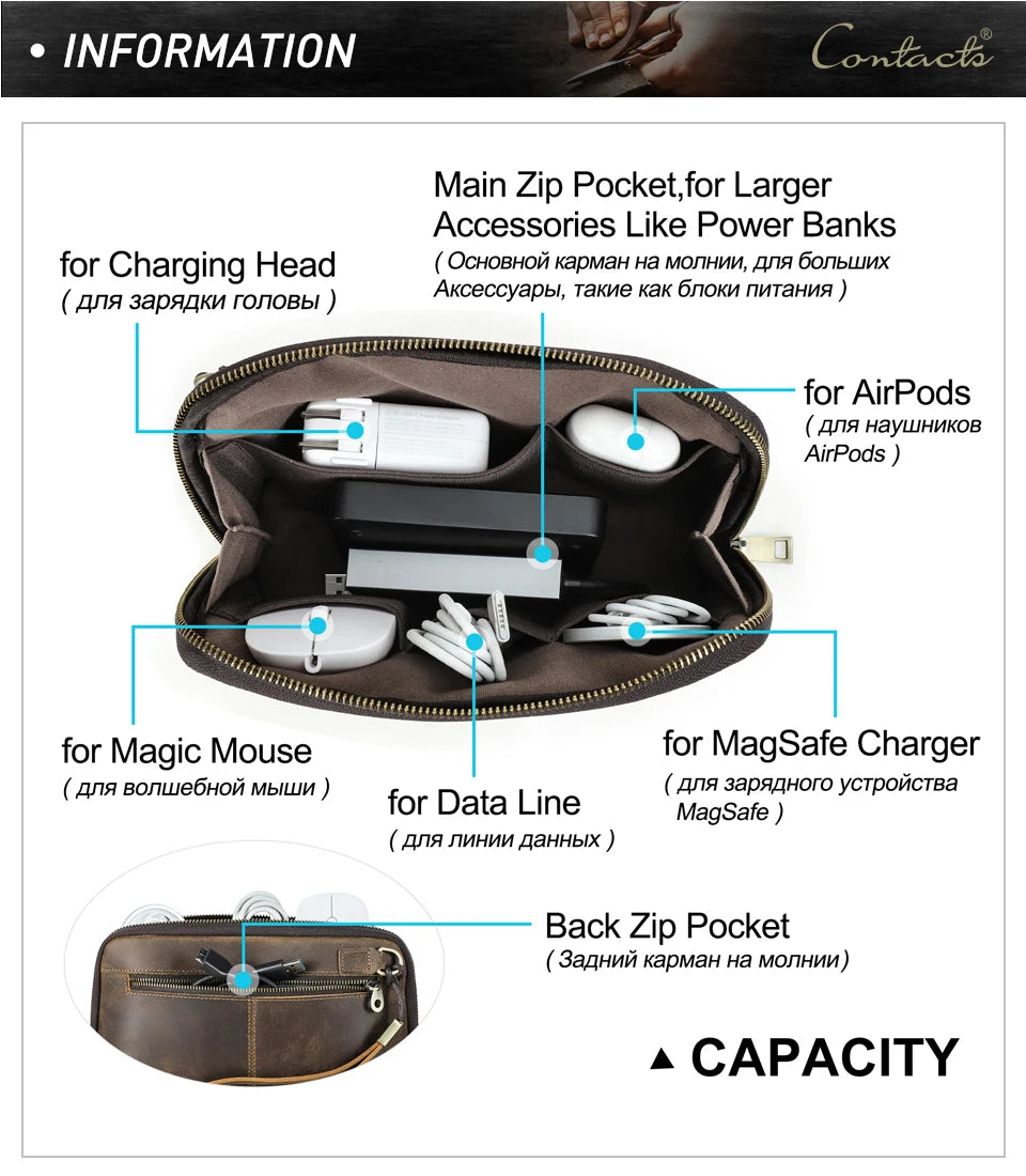 Contact's bolsa de mão de viagem masculina, carteira de couro genuíno, bolsa casual, organizador de cabo de carga, bolsa de armazenamento