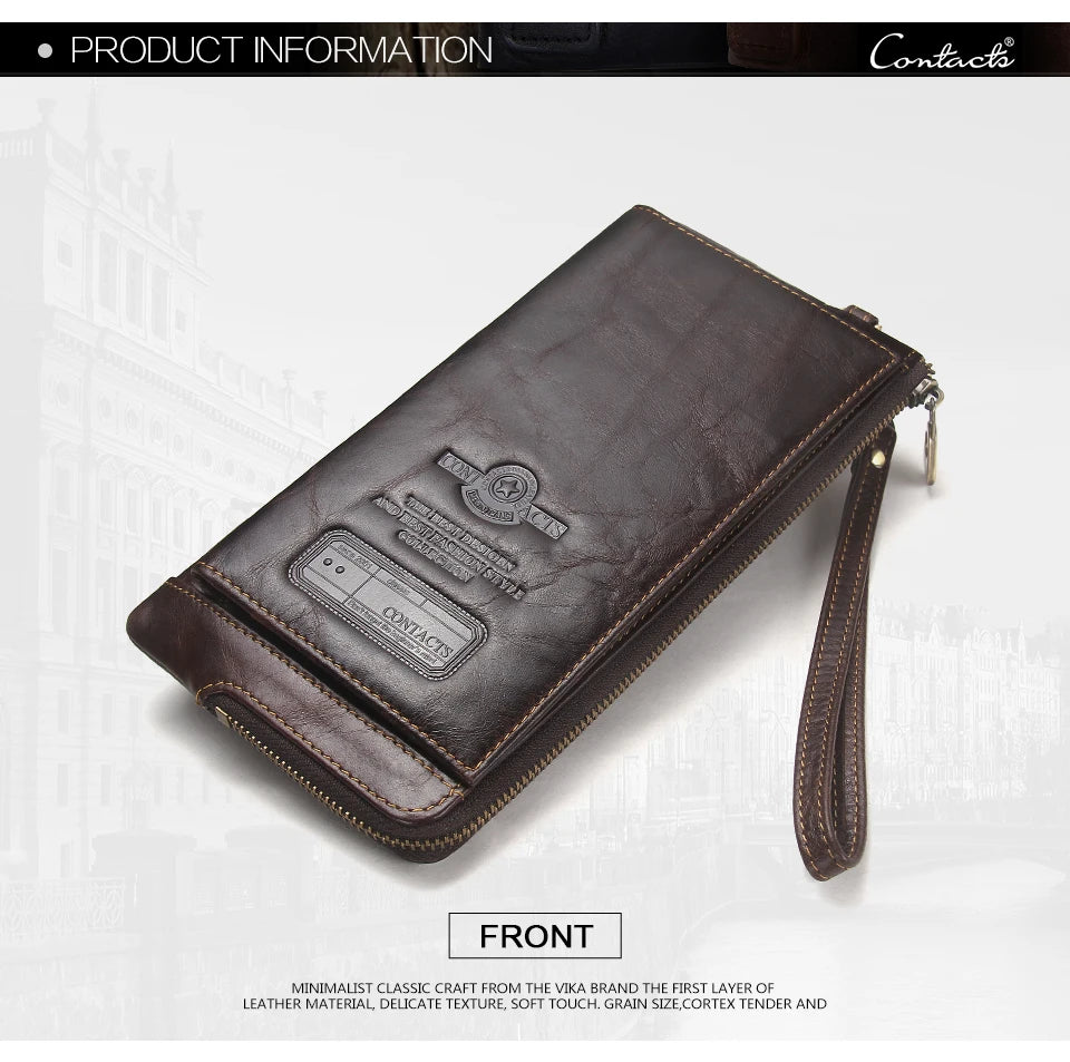 Carteira longa de couro genuíno da CONTACT'S para homens com zíper duplo carteira titular do cartão bolsa de moedas clipe de dinheiro bolsa feminina