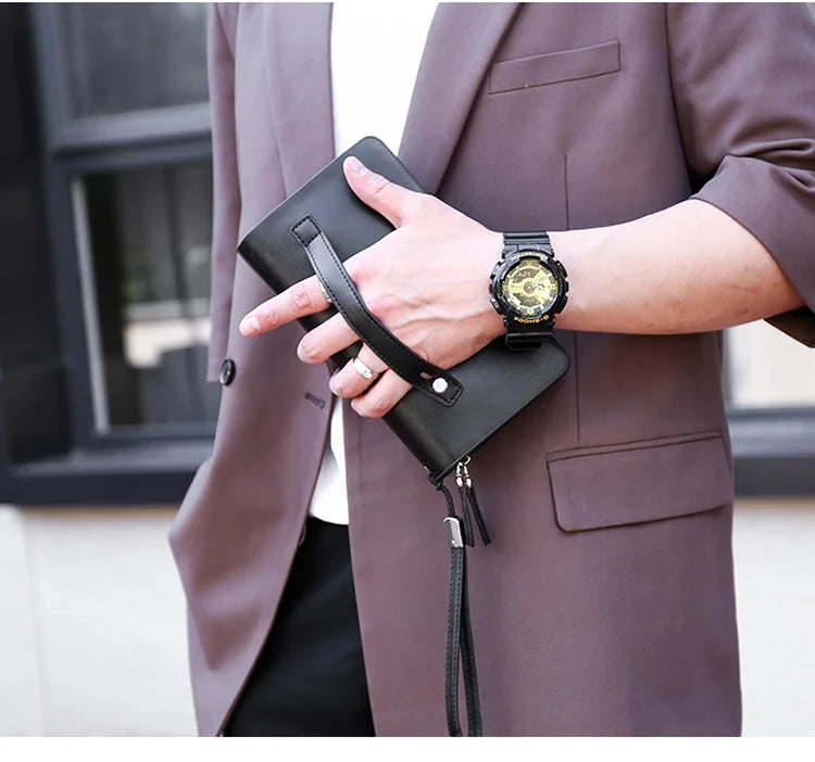 Kangaroo marca masculina bolsa de embreagem moda couro longo bolsa duplo zíper carteira negócios preto marrom masculino casual acessível saco