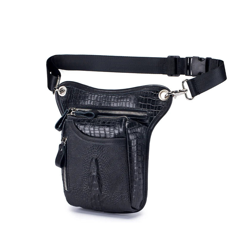 SCHLATUM-Couro Genuíno Motocicleta Fanny, Design Multifunções dos homens, Grão de Crocodilo, Pacote de cinto, Drop Leg Bag