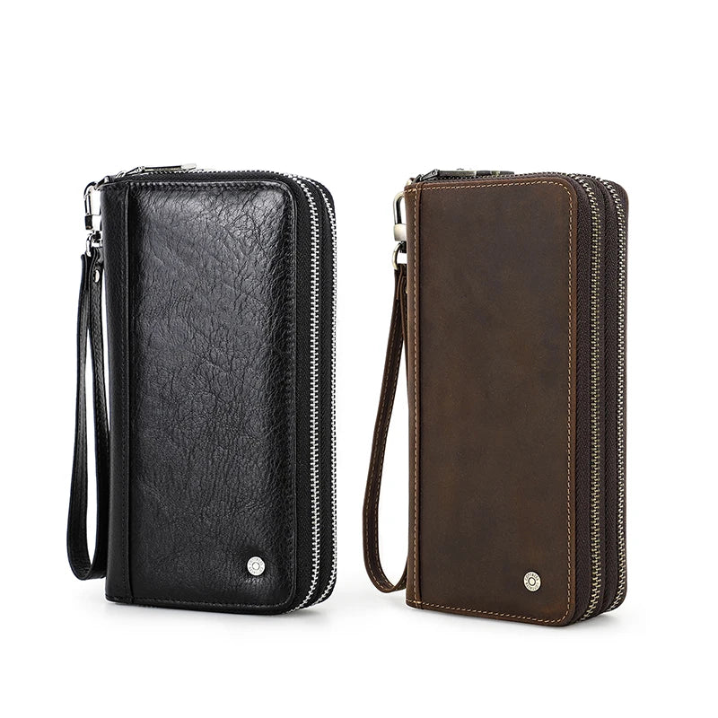 Carteira masculina de couro genuíno de contato, bolsa de mão, porta cartão, carteiras longas, zíper duplo, grande capacidade, vintage, bolsas masculinas