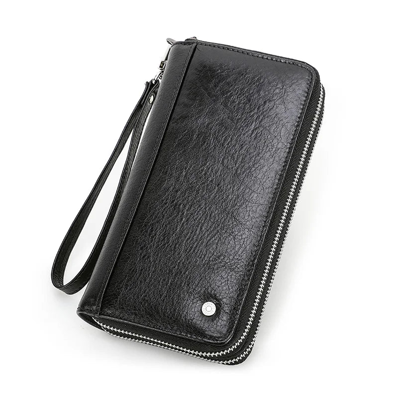 Carteira masculina de couro genuíno de contato, bolsa de mão, porta cartão, carteiras longas, zíper duplo, grande capacidade, vintage, bolsas masculinas